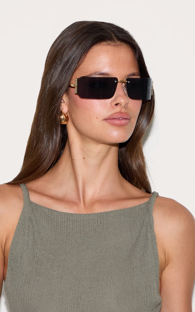 Black Square Diamante Side Wrap Round Sunglasses