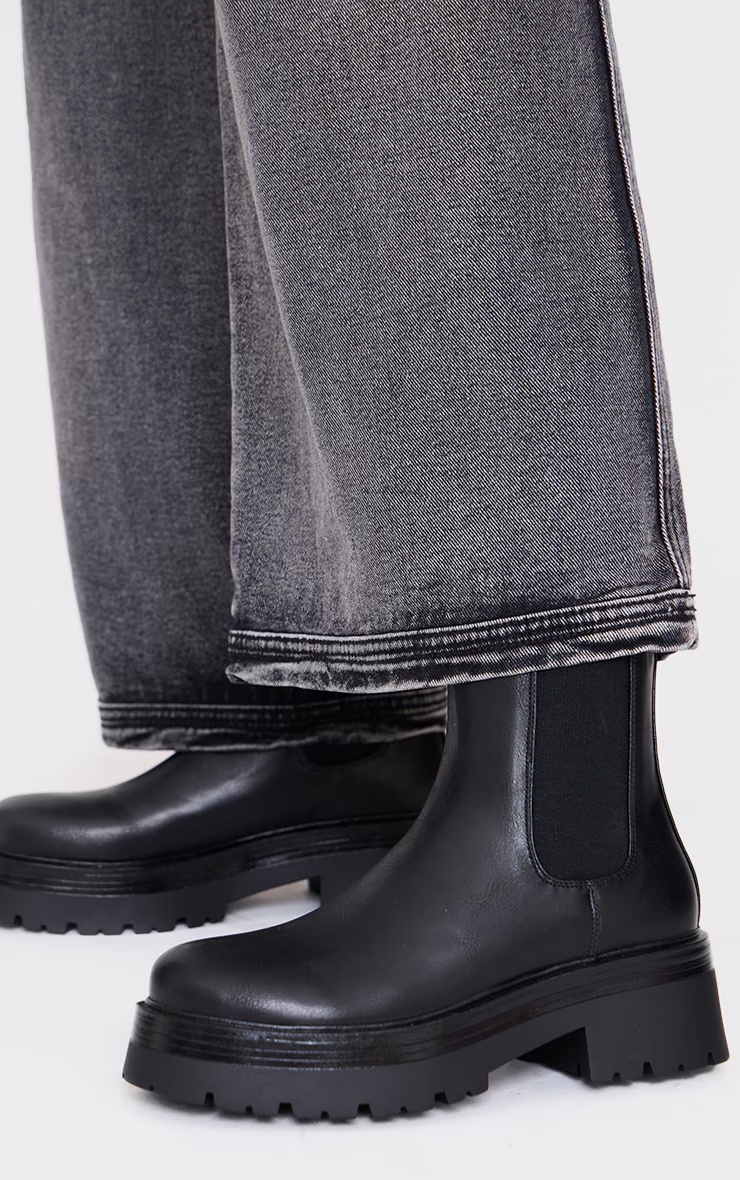Black Round Toe Chunky Sole Elastic Chelsea Boots
