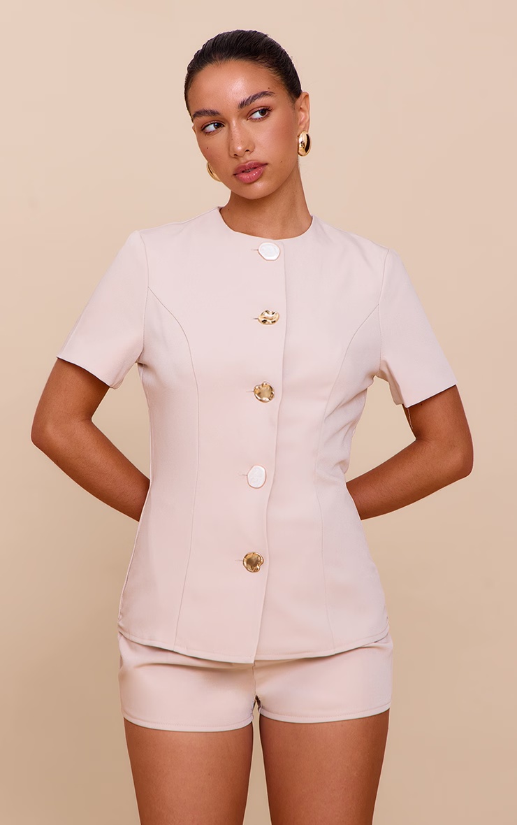 Almond Woven Short Sleeve Button Detail Playsuit
