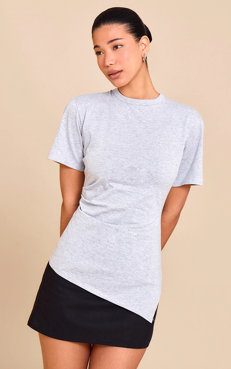 Grey Marl Cotton Ruched Side Asymmetric Hem T-shirt 4 Grey Marl Cotton Ruched Side Asymmetric Hem T-shirt