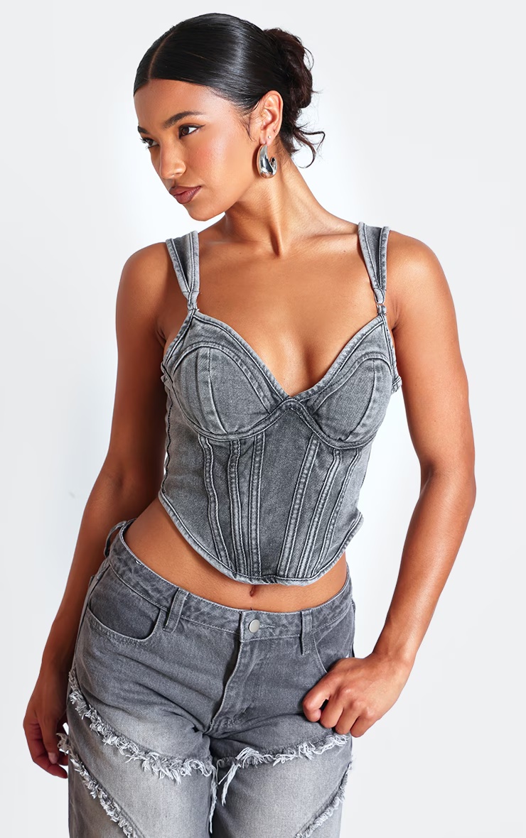 Washed Grey Dip Hem Bust Cup Denim Corset 1 Washed Grey Dip Hem Bust Cup Denim Corset