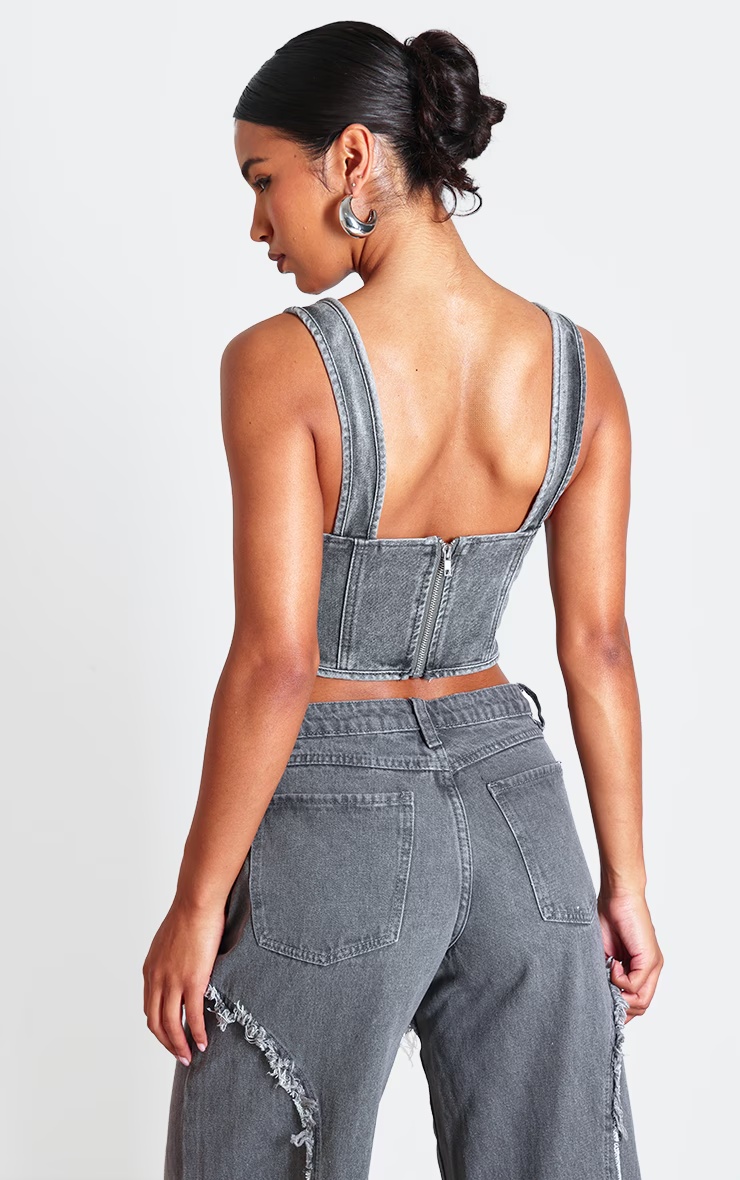 Washed Grey Dip Hem Bust Cup Denim Corset 5 Washed Grey Dip Hem Bust Cup Denim Corset