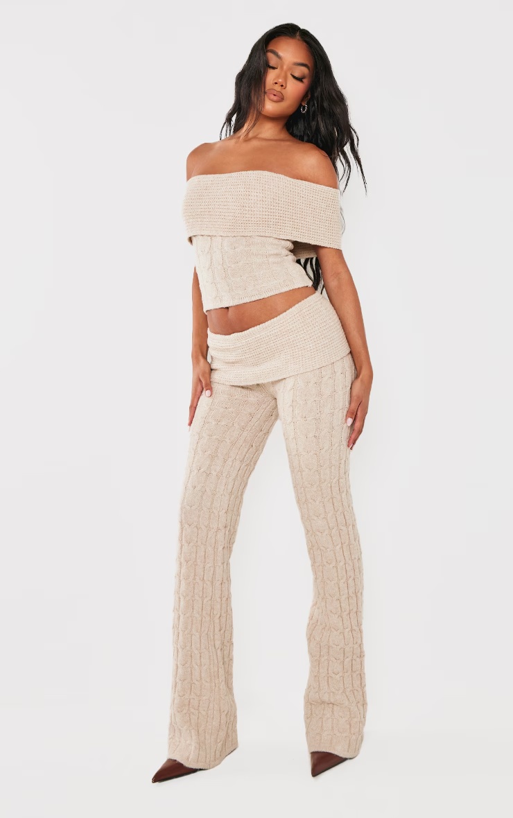 Oatmeal Marl Textured Knit Foldover Wide Leg Trousers 1 Oatmeal Marl Textured Knit Foldover Wide Leg Trousers