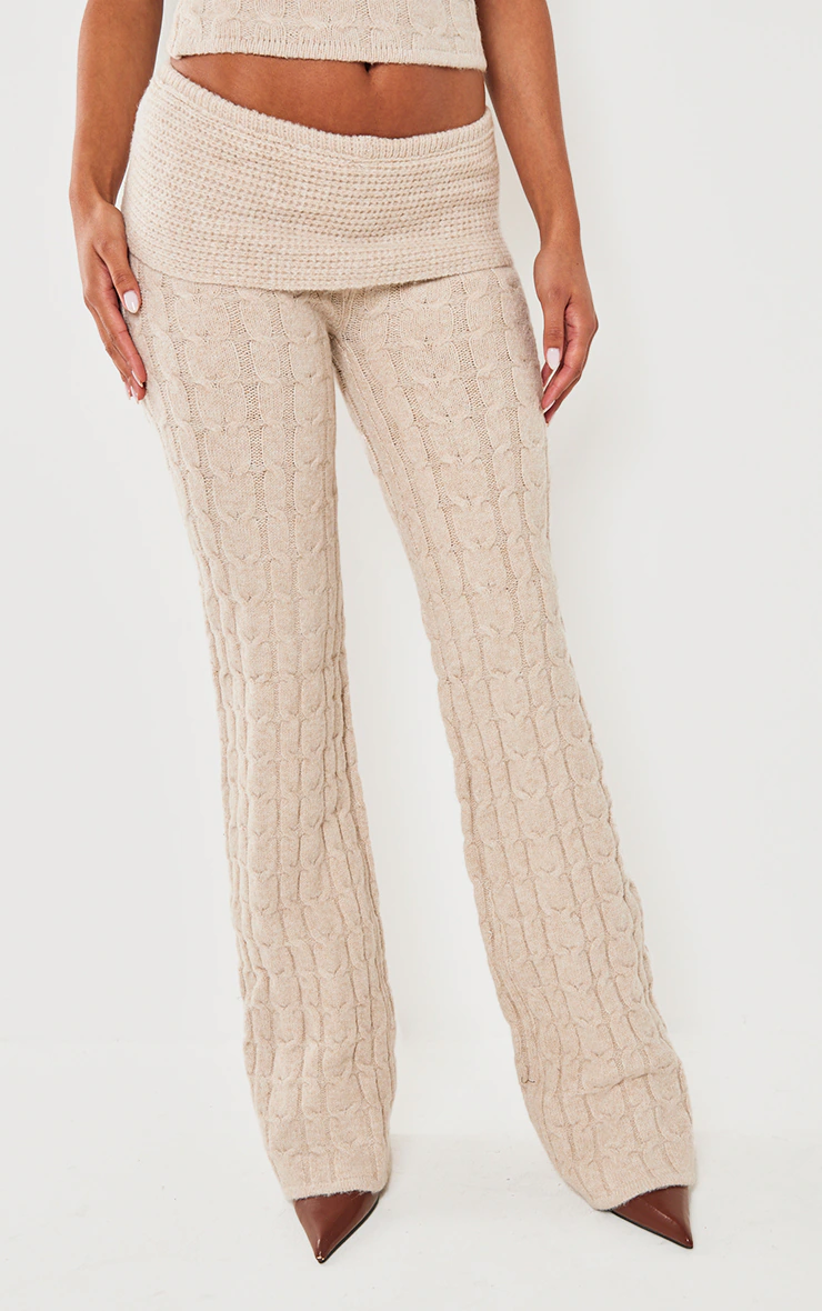 Oatmeal Marl Textured Knit Foldover Wide Leg Trousers 2 Oatmeal Marl Textured Knit Foldover Wide Leg Trousers