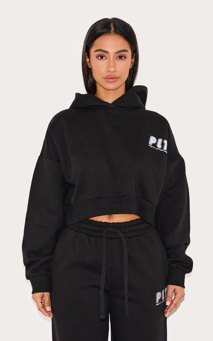 Petite Premium Black Printed Boxy Hoodie 1 Petite Premium Black Printed Boxy Hoodie