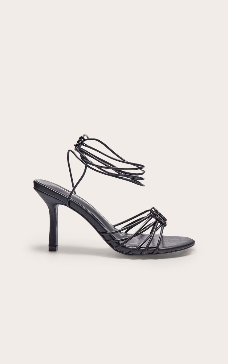Black Pu Silver Buckle Round Toe Lace Up Heeled Sandals