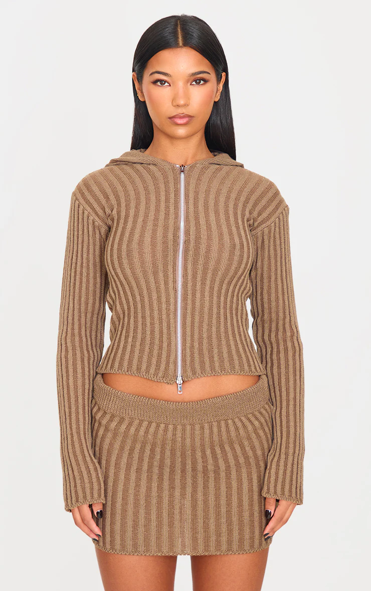 Chocolate Two Tone Knitted Zip Up Cardigan 1 Chocolate Two Tone Knitted Zip Up Cardigan