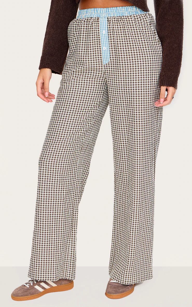 Tall Brown Contrast Detail Check Wide Leg Trousers 4 Tall Brown Contrast Detail Check Wide Leg Trousers
