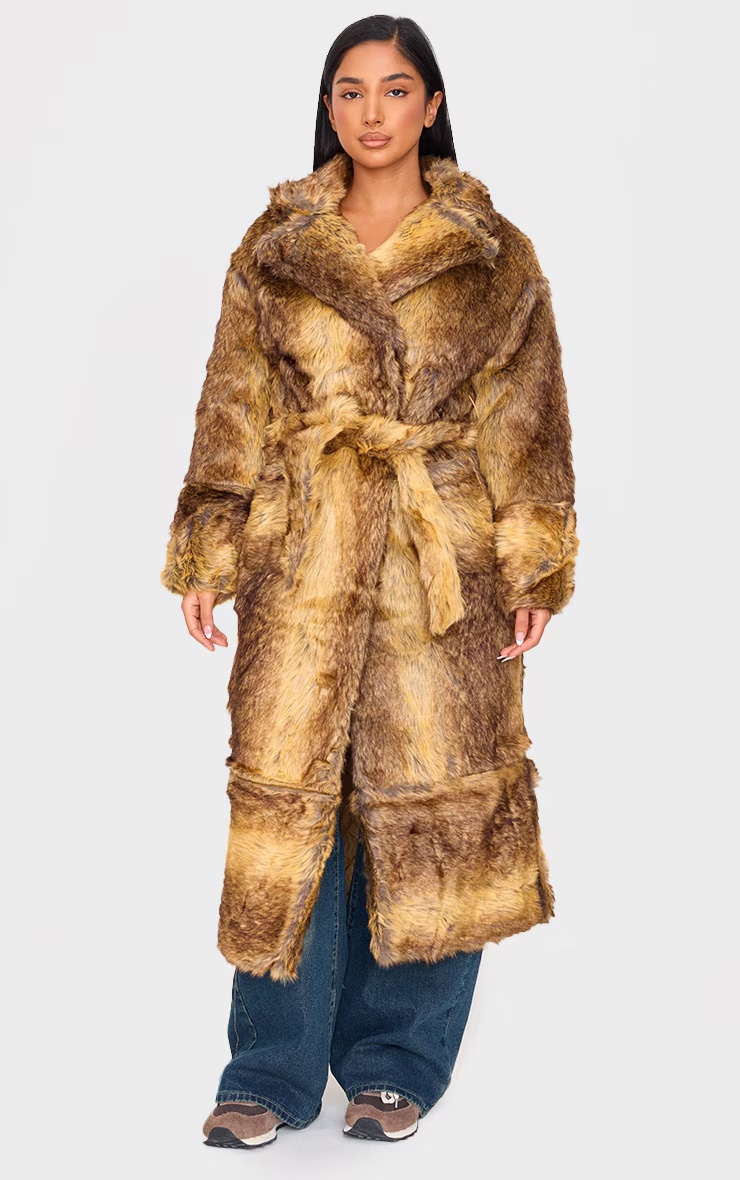 Petite Brown Faux Fur Longline Belted Coat 3 Petite Brown Faux Fur Longline Belted Coat