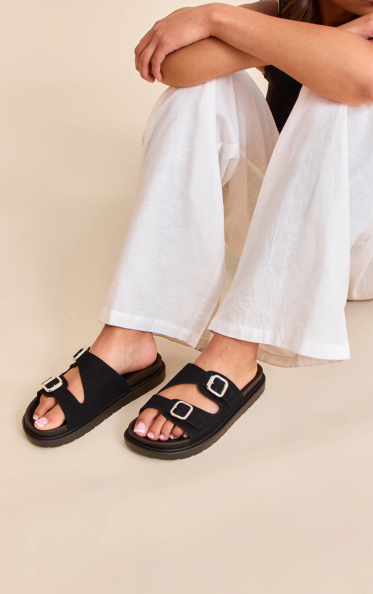 Black Faux Suede Double Buckle Footbed Sandals 4 Black Faux Suede Double Buckle Footbed Sandals