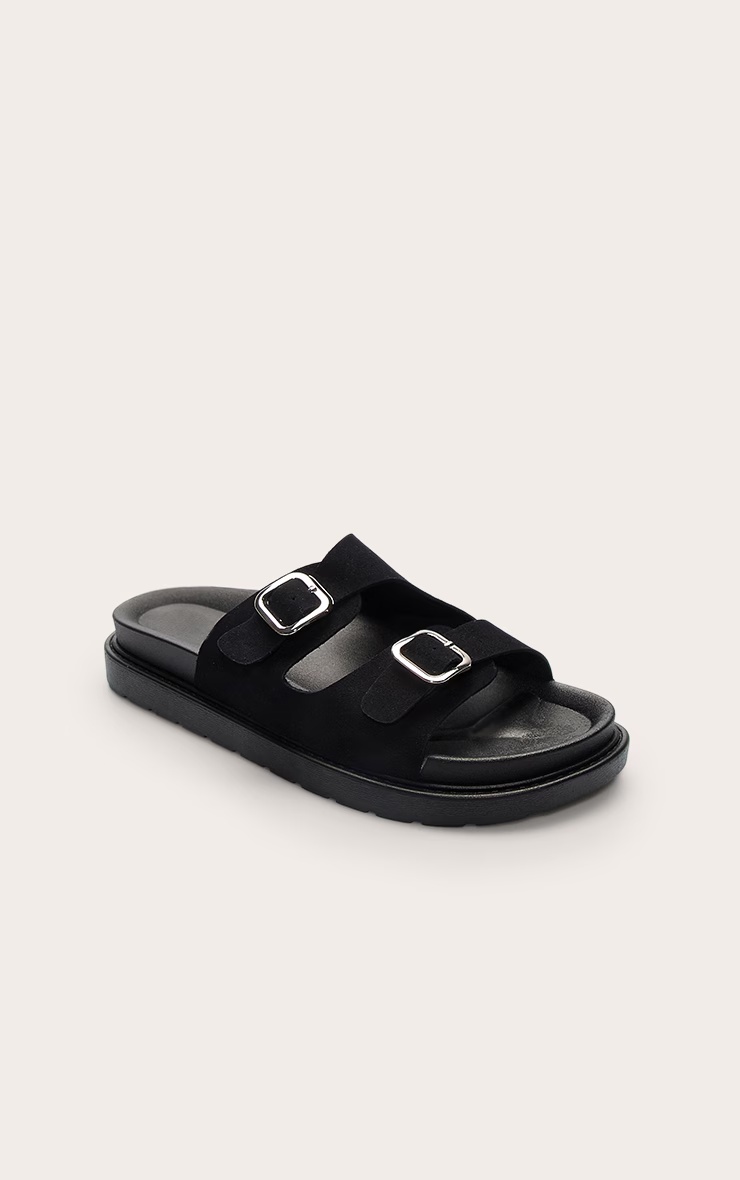 Black Faux Suede Double Buckle Footbed Sandals 5 Black Faux Suede Double Buckle Footbed Sandals