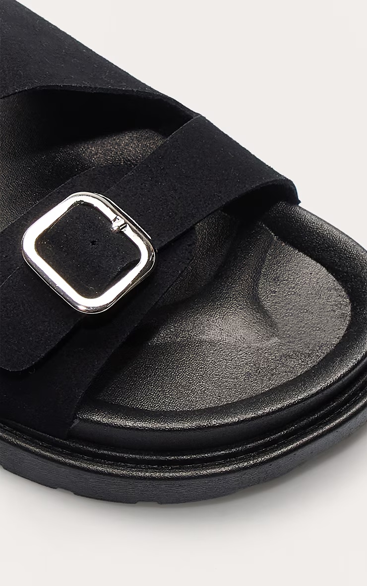 Black Faux Suede Double Buckle Footbed Sandals 6 Black Faux Suede Double Buckle Footbed Sandals
