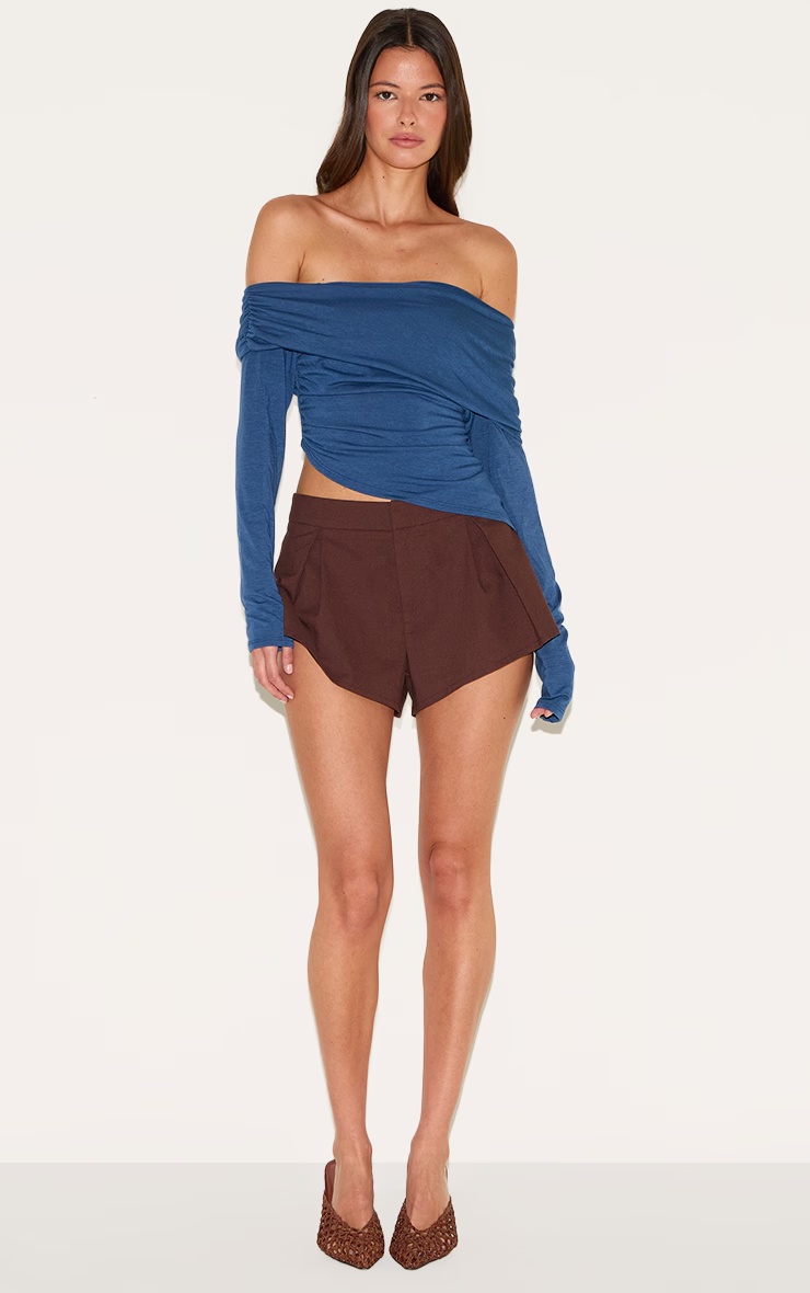 Petrol Blue Contour Jersey Fold Over Detail Bardot Long Sleeve Top 3 Petrol Blue Contour Jersey Fold Over Detail Bardot Long Sleeve Top