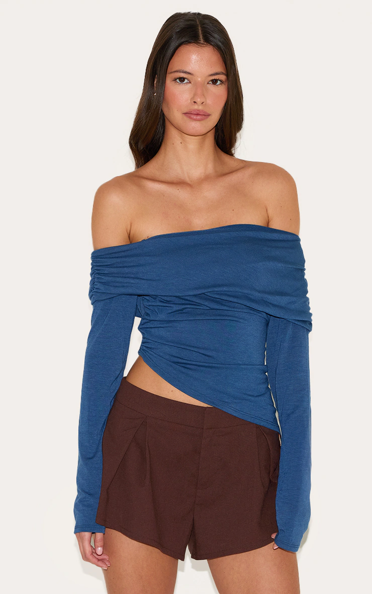 Petrol Blue Contour Jersey Fold Over Detail Bardot Long Sleeve Top 4 Petrol Blue Contour Jersey Fold Over Detail Bardot Long Sleeve Top