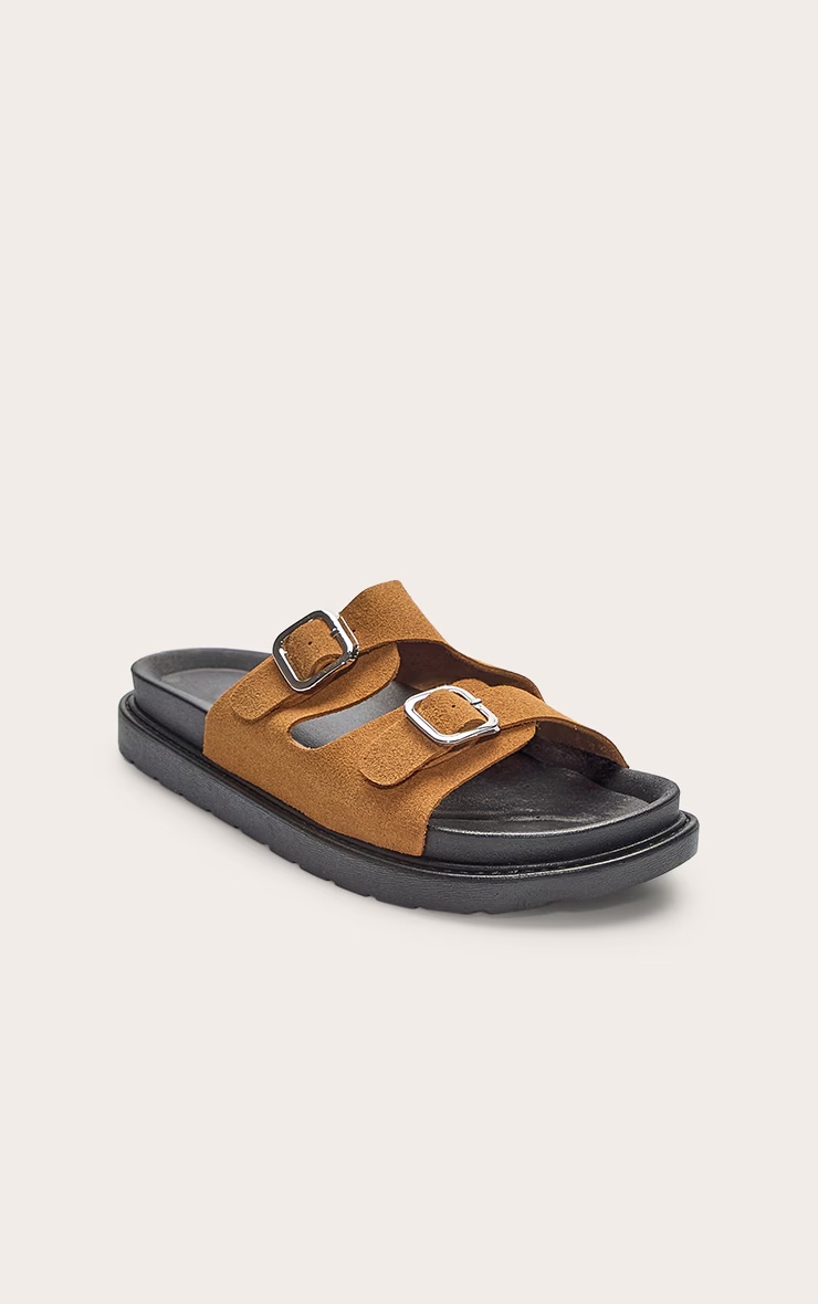 Camel Faux Suede Double Buckle Footbed Sandals 5 Camel Faux Suede Double Buckle Footbed Sandals