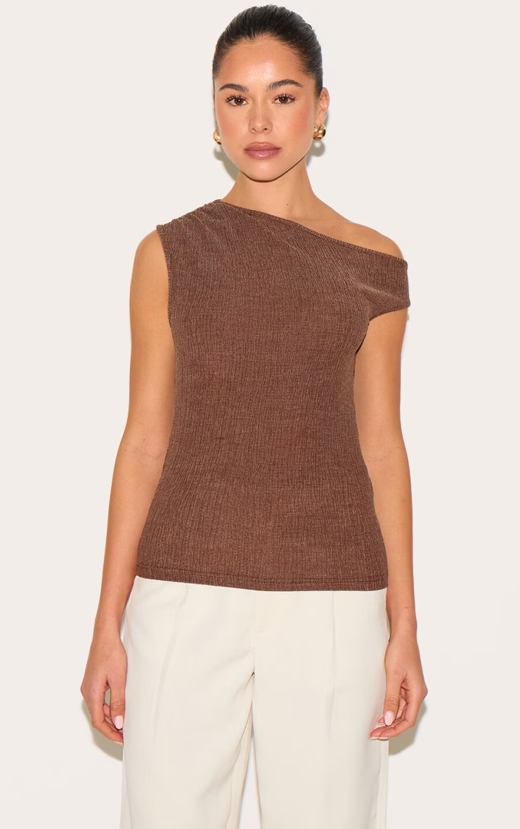Chocolate Textured Double Layer Asymmetric Neckline Long Top 1 Chocolate Textured Double Layer Asymmetric Neckline Long Top