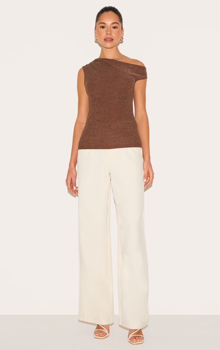 Chocolate Textured Double Layer Asymmetric Neckline Long Top 6 Chocolate Textured Double Layer Asymmetric Neckline Long Top