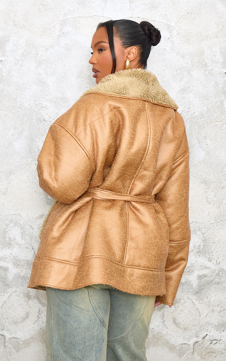 Plus Beige Washed Borg Trim Belted Jacket 2 Plus Beige Washed Borg Trim Belted Jacket