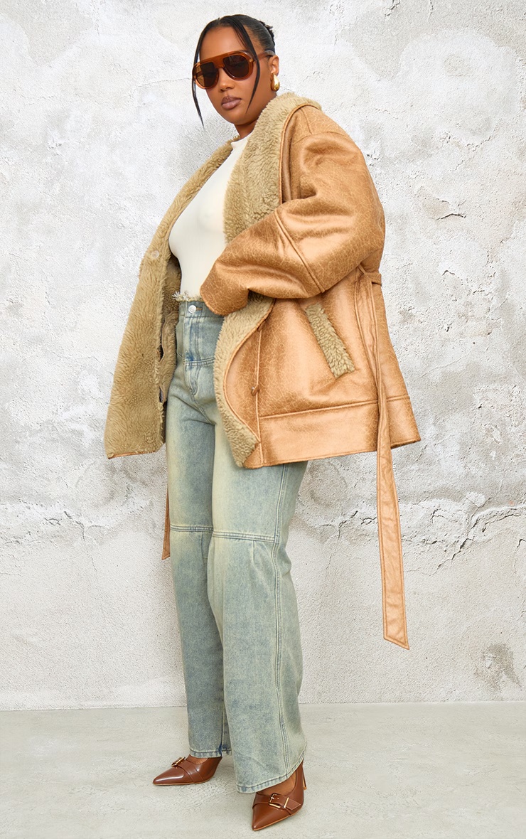 Plus Beige Washed Borg Trim Belted Jacket 3 Plus Beige Washed Borg Trim Belted Jacket