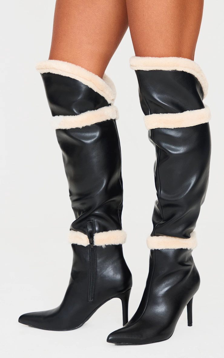 Black Pu Point Toe White Faux Fur High Stiletto Over The Knee Boots 1 Black Pu Point Toe White Faux Fur High Stiletto Over The Knee Boots