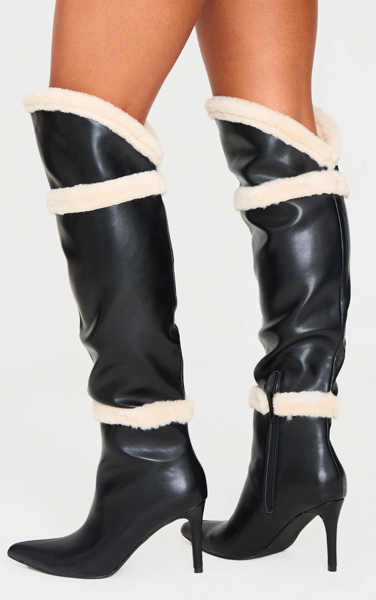 Black Pu Point Toe White Faux Fur High Stiletto Over The Knee Boots 2 Black Pu Point Toe White Faux Fur High Stiletto Over The Knee Boots