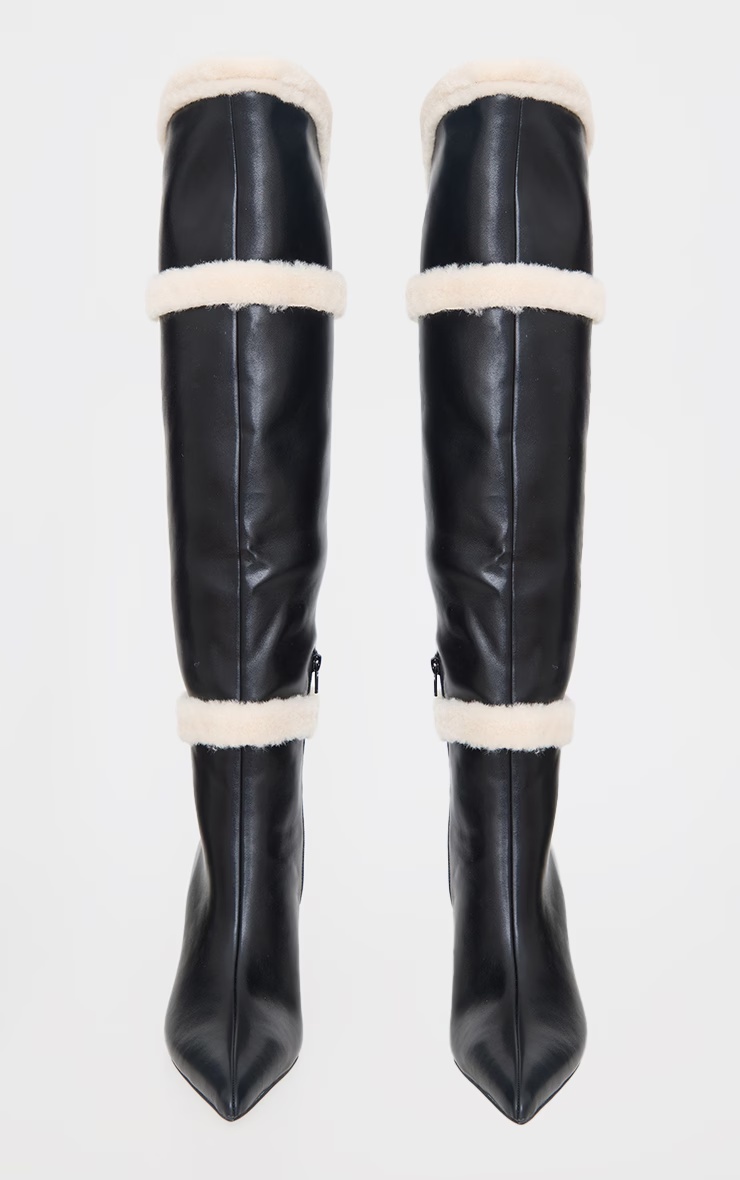 Black Pu Point Toe White Faux Fur High Stiletto Over The Knee Boots 3 Black Pu Point Toe White Faux Fur High Stiletto Over The Knee Boots