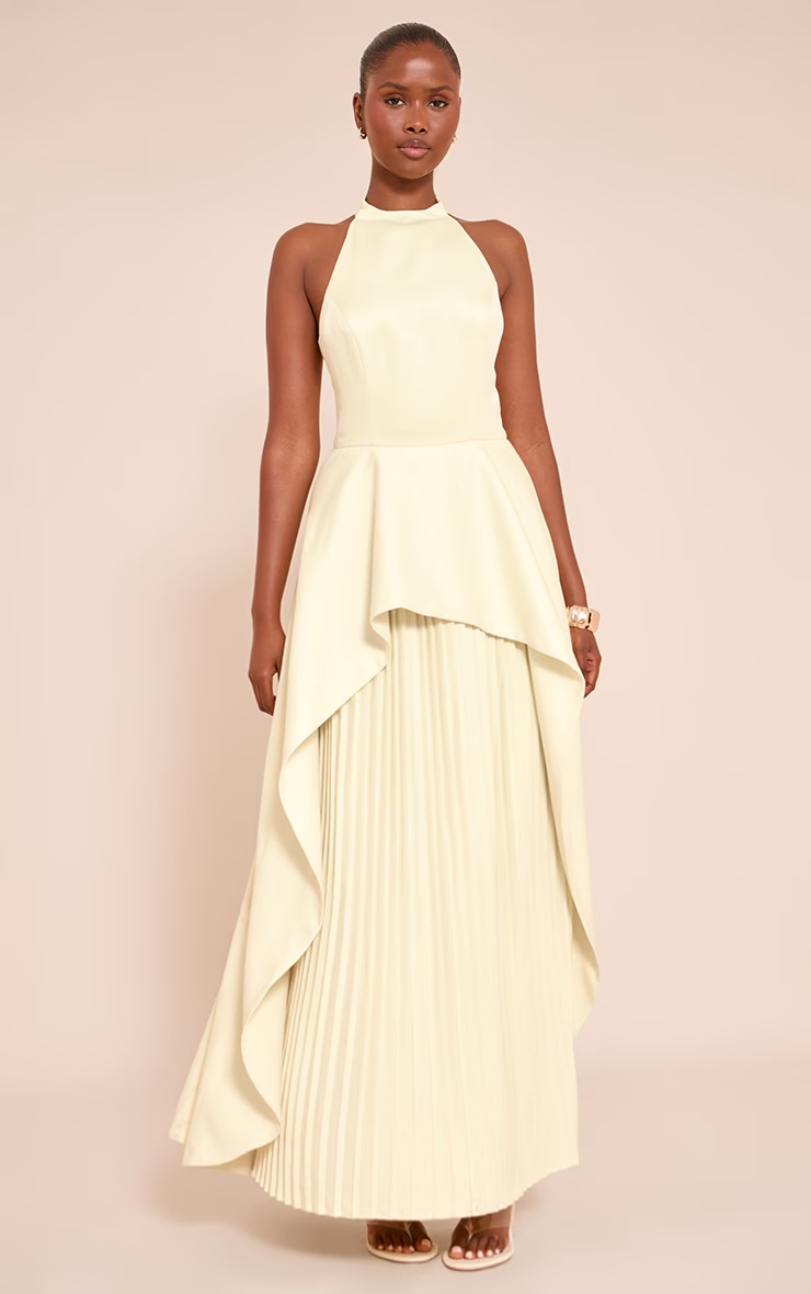 Lemon Woven Halterneck Pleated Underlay Maxi Dress