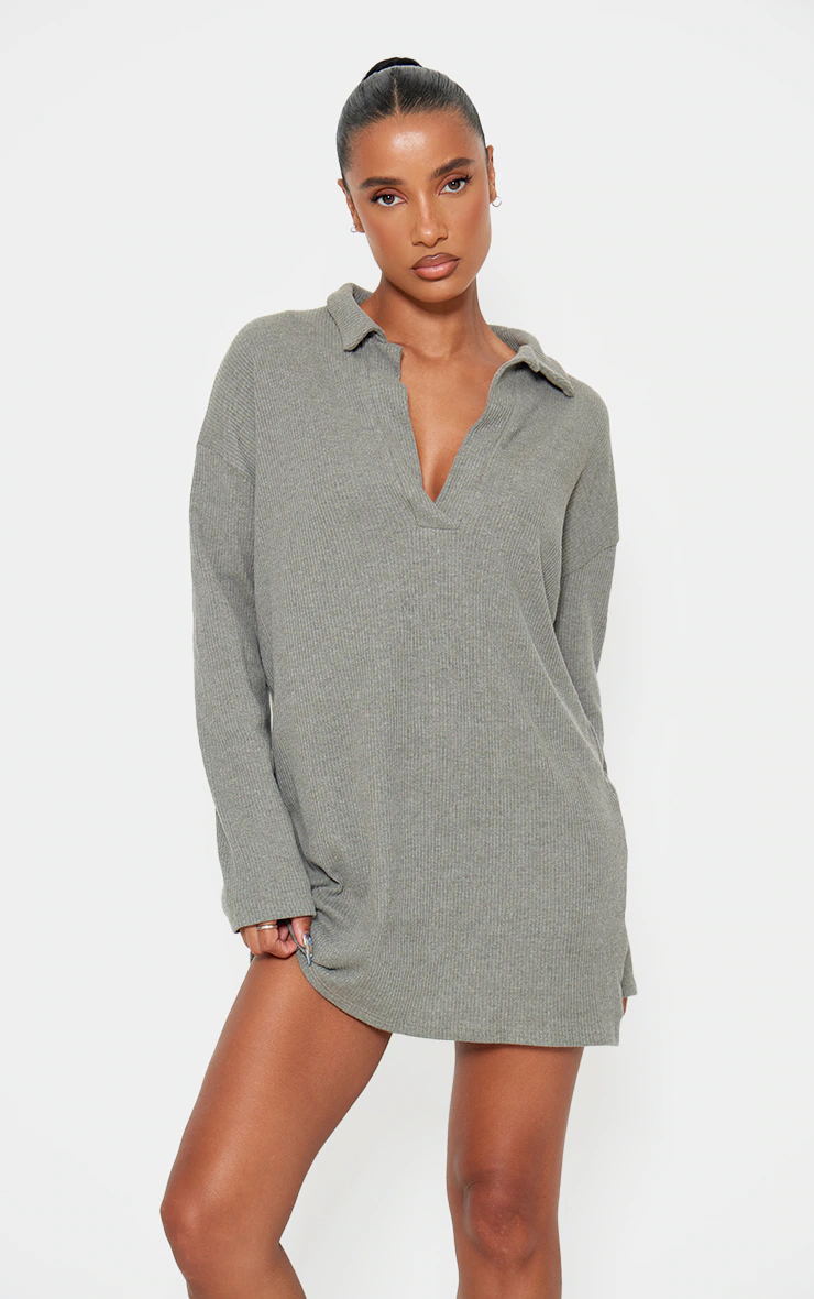 Sage Khaki Rib V Neck Oversized Jumper Dress