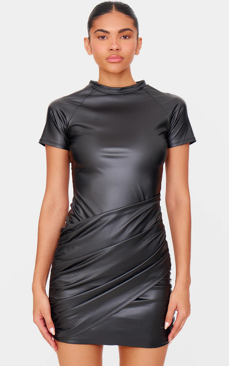 Black Faux Leather Wrap Over Skirt Mini Dress 4 Black Faux Leather Wrap Over Skirt Mini Dress