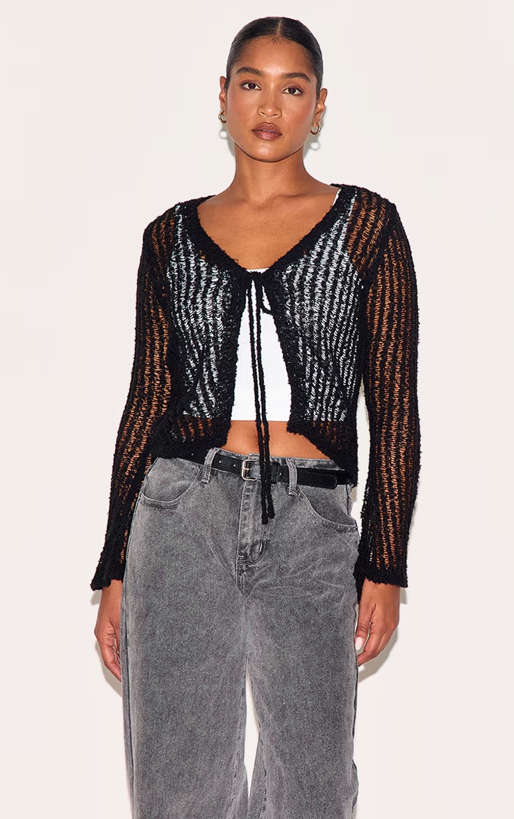 Black Ladder Knit Sheer Cropped Tie Front Top 1 Black Ladder Knit Sheer Cropped Tie Front Top