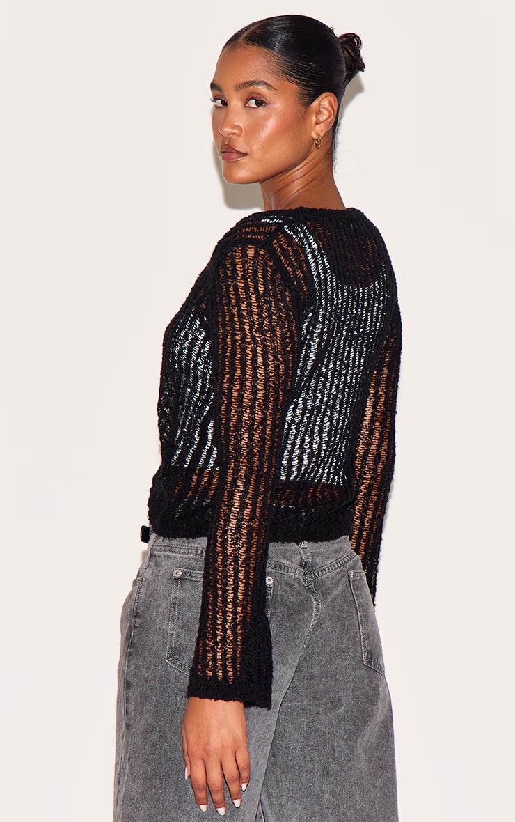 Black Ladder Knit Sheer Cropped Tie Front Top 2 Black Ladder Knit Sheer Cropped Tie Front Top