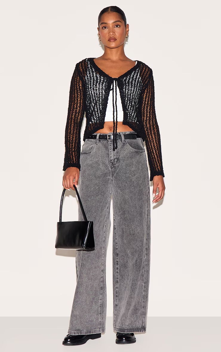 Black Ladder Knit Sheer Cropped Tie Front Top 3 Black Ladder Knit Sheer Cropped Tie Front Top