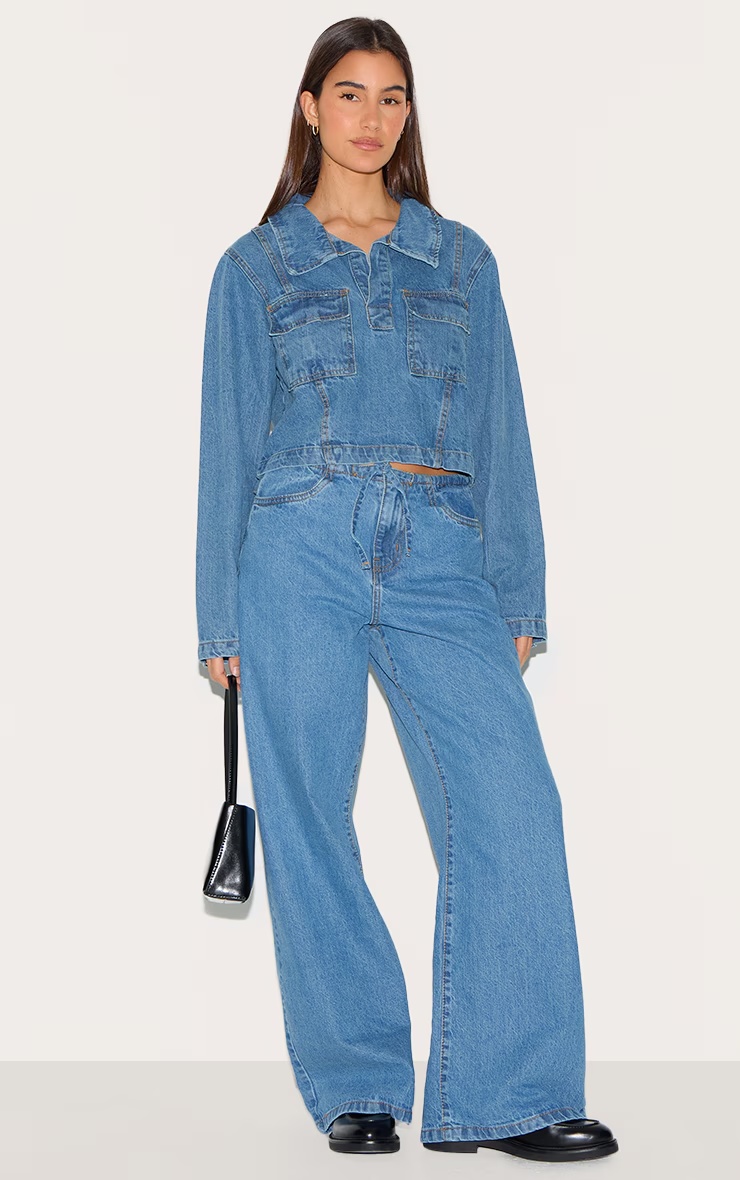 Mid Blue Wash Low Rise Tie Waistband Wide Leg Jeans 2 Mid Blue Wash Low Rise Tie Waistband Wide Leg Jeans