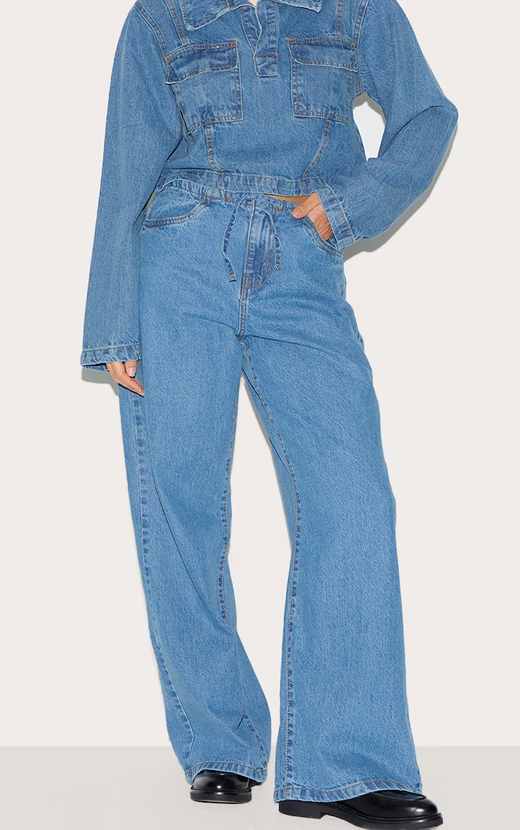 Mid Blue Wash Low Rise Tie Waistband Wide Leg Jeans 4 Mid Blue Wash Low Rise Tie Waistband Wide Leg Jeans