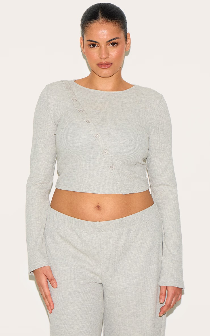 Plus Grey Marl Asymmetrical Waffle Button Crop Top