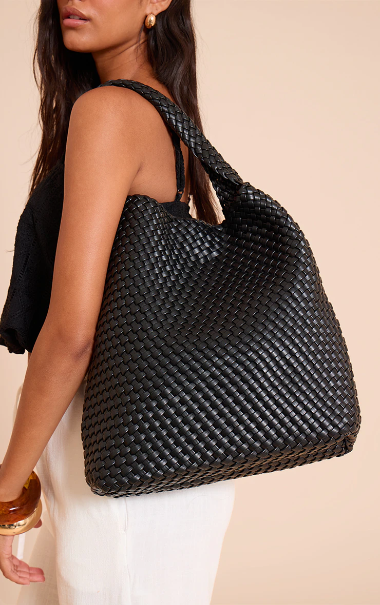Premium Black Pu Weave Shoulder Bag