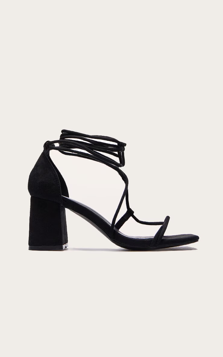 Black Faux Suede Square Toe Lace Up Block Heel Sandals
